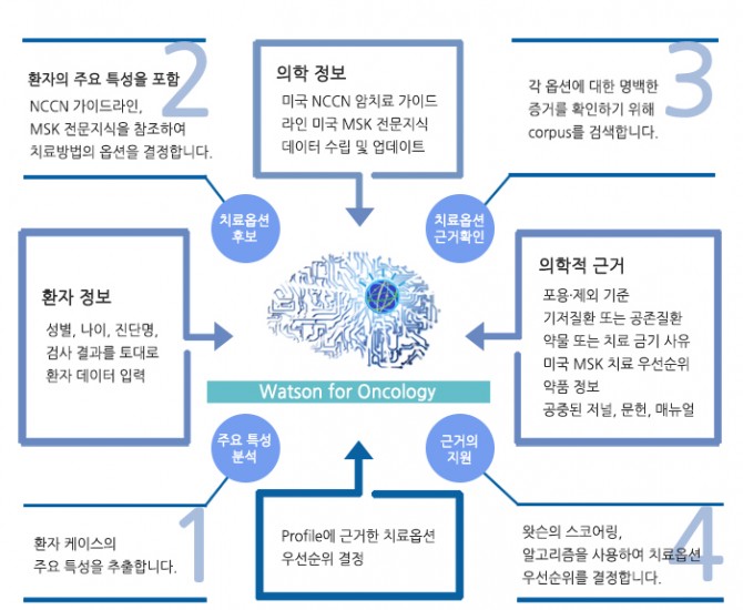 암 치료 제안을 위한 왓슨의 작동 방식을 설명한 도표